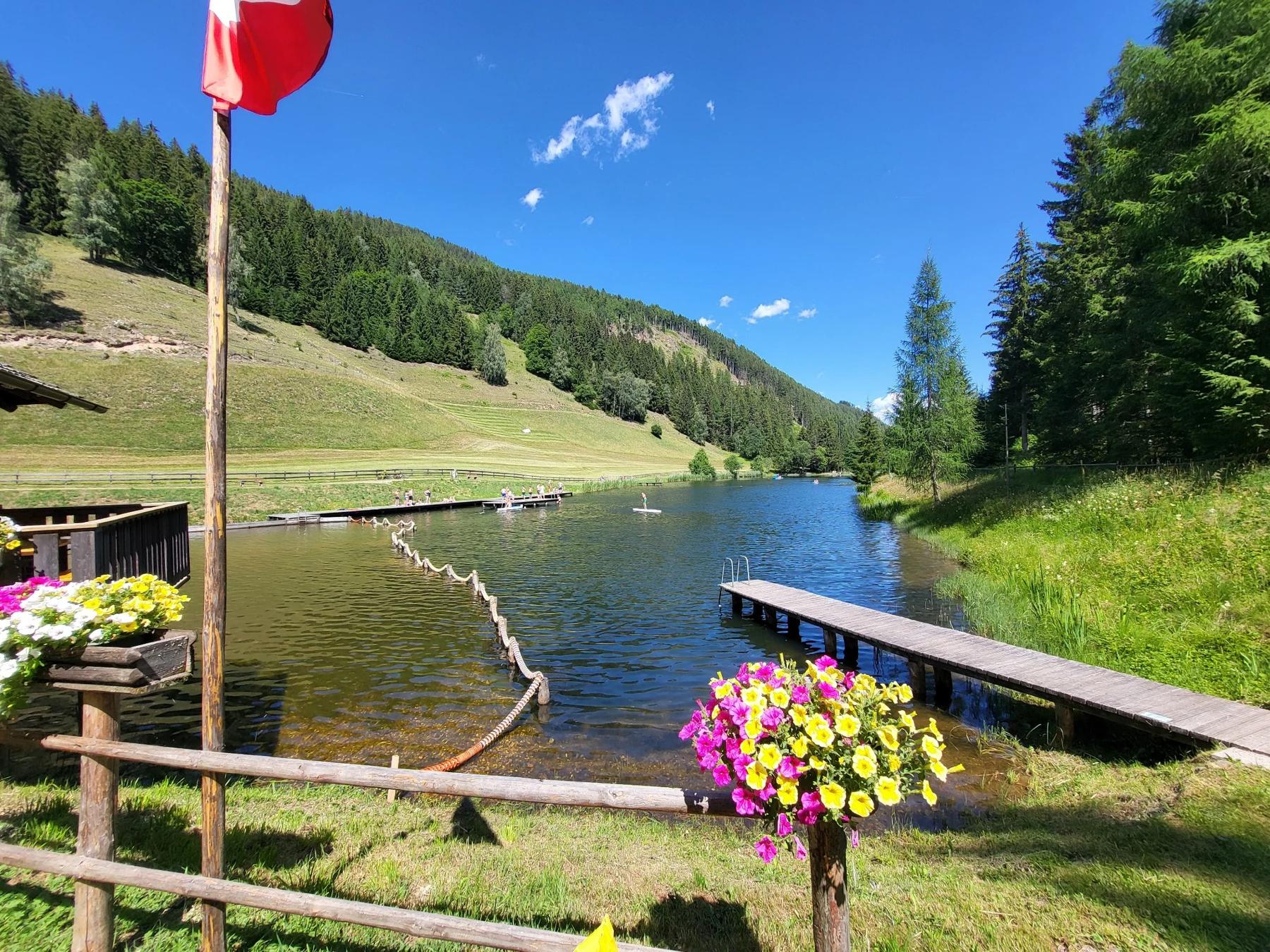 Badesee Krakaudorf mit Berglandschaft und Blumen am Ufer